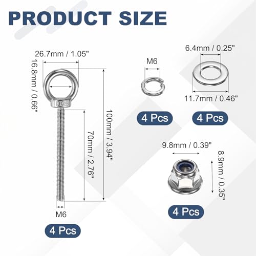 Image of PATIKIL M6 x 70mm Shoulder Eye Bolt, 4 Pcs 304 Stainless Steel Lifting Ring Threaded Eye Bolt with Flange Lock Nuts Spring and Flat Washers for Hanging Tie Down Straps Outdoor Indoor