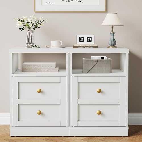 RoyalCraft White Nightstand Set of 2, End Table with Storage Shelf and Door, Faux Two-Drawer Design Side Table, Modern Night Stand for Bedroom Dorm, Wood Beside Table for Small Spaces