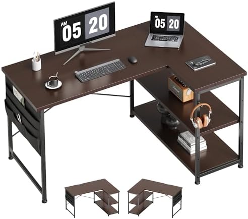 （21:00時点） YeTom デスク l字デスク 机 pcデスク右棚左棚 幅107cm 勉強机 桌子 作業机 学習机 収納袋付き ダークブラウン