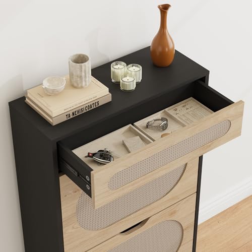 GarveeHome Rattan Shoe Cabinet with 2 Flip Drawers and 1 Pull-Out Drawer, Free Stand Shoe Storage Cabinet, 3 Adjustable Shelf, Narrow Shoe Cabinet for Entryway/Porch, Black