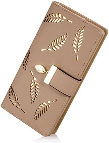 Sweet Cute Chocolate Women's Long Leaf Bifold Wallet Leather Card Holder Purse Zipper Buckle Elegant Clutch Wallet Handbag for Women - Khaki