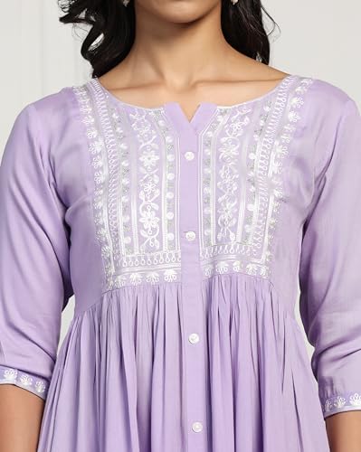 Tadkee Women's Naira Cut Kurta With Pant (Fn-Naira-Cut-Flower-Pair-102-Purple-Xl)
