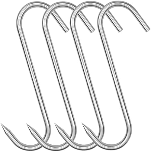 Grizef Lot de 4 crochets en S en acier inoxydable robuste 200 mm x 8 mm pour boucher, agriculteur, chasseur (4 pièces, 8 mm) (200 mm x 8 mm)