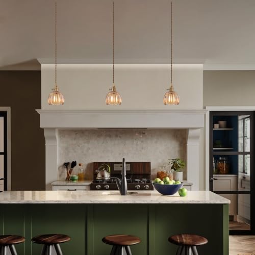 Image of Shenmoyl Pendant Light with Amber Tulip Glass Lmapshade, Brass Vintage Pendant Light Adjustable Hanging Light for Kitchen Island Dining Room Hallway