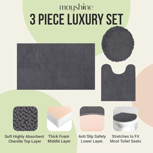 Image of Standard 3pc Set Chenille Bath Mats, Includes 21 inchx24 inch U-Shaped Contour Toilet Rug, 21 inchx34 inch Inches Bathmat and 1 Toilet Lid Cover, Plush Absorbent Bath Mats Quick Dry, Charcoal Gray