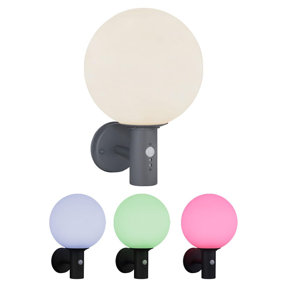 Wandlampe mit Bewegungsmelder Außenleuchte Anthrazit Kugellampe Sensor LED Hauswandleuchte, Glas Edelstahl, App Steuerung CCT, Smart RGB LED 8,5W 806Lm, DxH 25x37 cm