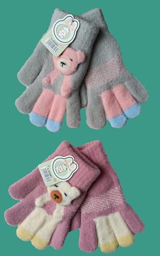 Image of Kids Winter Woolen Hand Gloves for Girls (Age 8-12 Years) | Soft Warm Knitted Gloves | Cute Teddy Bear Design | Cold Weather Gloves | Pack of 2 Pairs