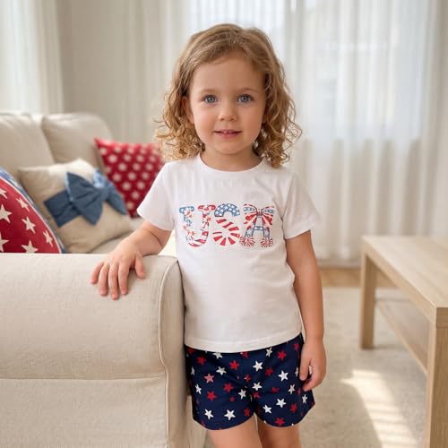 Image of Kids Toddler Girls 4th of July T-Shirt Coquette Bowknot Patriotic USA 250 American Flag Independence Day Top