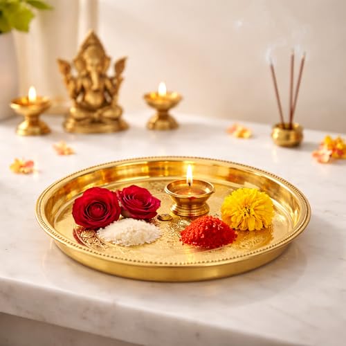 Image of Spillbox Brass Pooja Thali for Mandir Traditional Pital Puja Engraved Aarti Thali for Diya Kumkum Haldi Hindu Prayer Worship Plate for Temple Home Pooja Festival Use[250g]-9inch-Petal Plate
