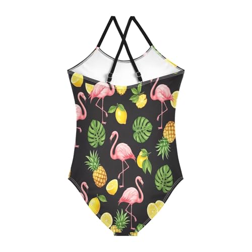 Girl Bathing Suits 3-10 Y Beach Bathing Suits Girls, Tropical Pineapples Flamingos Black2