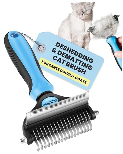 MalsiPree 2-in-1 Cat Brush for Shedding - Double-Sided Undercoat Rake for Long Haired Cats - Professional Dematting Tool for Dense Double-Coats - Gentle Deshedding Brush for Kittens, Blue