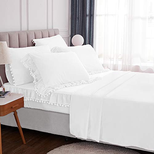 Fadfay California King Sheet Sets Premium 100% Cotton 600 Tc Elegant And Romantic Bed Sheets White Pom Pom Ruffle Design Deep Pocket Fitted Sheet 17.5 Inch #TOP2