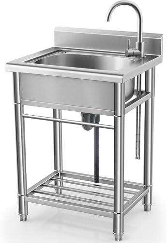 Utility Sink Free Standing Single Bowl Kitchen Sink with Cold and Hot Water Pipe Stainless Steel Sink for Laundry Room Bathroom Farmhouse