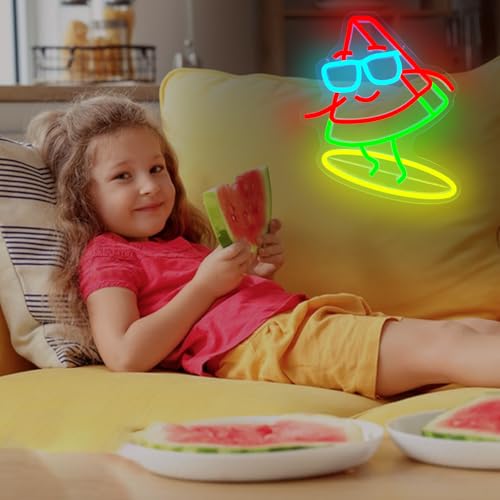 Image of Watermelon Neon Sign Dimmable Watermelon Surfer Led Sign Cute Summer Fruit Party Decorations Surfing Neon Light Sign for Surfboard Wall Decor