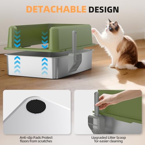Image of WoofiGo Enclosed Stainless Steel Cat Litter Box with Lid, XL Extra Large Litter Box for Big Cats, Metal Litter Pan High Sided, Never Absorbs Odors, Anti-Urine Leakage, Include Scoop (65-Green)