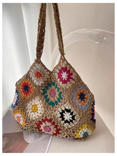 SweatyRocks Women's Floral Crochet Beach Bag Top Handle Vacation Boho Shoulder Handbags3