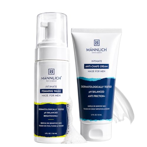 Image of Mannlich Anti Chafing Cream for Men, Anti-Rash Cream for Intimate Areas, Reduces Inner Thigh Rashes from Sports and Fitness Activities (50 ml) & Intimate Foaming Wash (150 ml) pH Balanced, 1% Salicylic & Lactic Acid, Dermatologically Tested