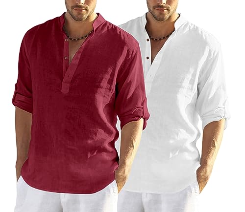 Image of FINIVO FASHION Men's Cotton Blend Solid Full Sleeve Combo Short Kurta Shirt, Regular Fit Solid Pattern Mandarin Collar Straight Kurta Shirt