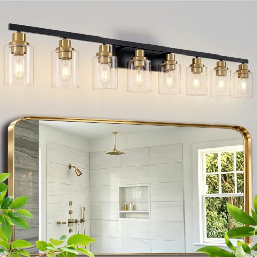 Image of 8-Light Bathroom Light Fixture Black and Gold Vanity Lights,52 inch | Vanity Lights for Bathroom,Clear Glass Shade,over Mirror,Modern Wall Sconces Farmhous Wall Mounted for Bathroom,E26 Base