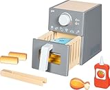 goki 51430 - Airfryer con accesorios, juguete freidora de aire caliente de madera, juego de 16 piezas con pinzas de madera, carne, pescado, palitos de pescado, patatas fritas, salsa de tomate