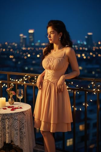 Image of Scarlet Darkness Corset Mini Sundress Chiffon Homecoming Dress for Women | Slim Straps, Ruched Neckline, Lace-Up Front, Layered A-Line, for Graduation Cocktail Party, Fairy Costume with Pockets