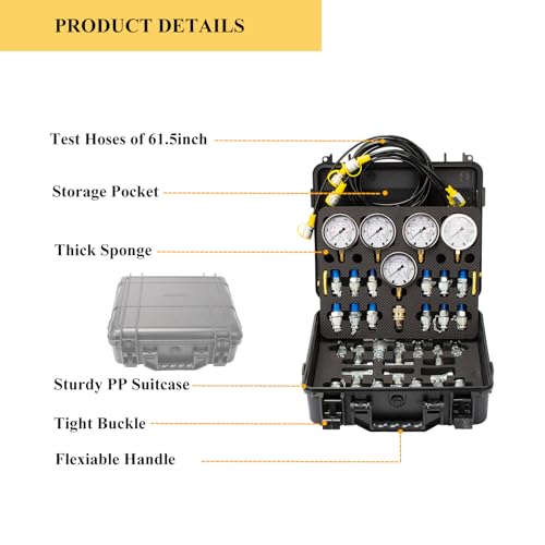 Image of Hydraulic Pressure Test Kit, 5 Gauges(150 /1500 /4000 /6000 /10000 PSI) & 13 Test Couplings & 14 Tee Connectors & 5 Test Hoses, Hydraulic Pressure Gauges, for Excavator, Construction, Machinery