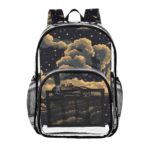 Kids PVC Clear Backpack Black Train Night Heavy Duty Multi-pockets Large Capacity Transparent See Through Bookbag for School Travel Sport Work