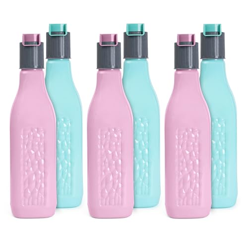 HW Kitchen Plastic Water Bottle I Water Bottle 1 ltr | Ideal for Kitchen Home Office Travel Small fridge for room gym| Unbreakable & Leak Proof I BPA Free | Set of 6 Water Bottles, Multicolour
