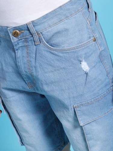 Image of The Indian Garage Co Men Relaxed Fit Solid Mid-Rise Denim Cargo Shorts