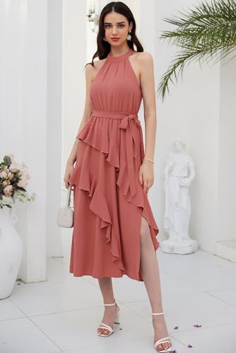 Grace Karin Women'S Summer Halter Neck Dresses Sleeveless Trendy Casual Long Boho Ruffle Sundress Pink Xl thumb #3