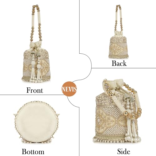 Image of Nevis Silk Fabric Luxury Pearl Embroidered Potli Bag for Women | Bridal Ethnic Drawstring Clutch with Beaded Handle Wedding