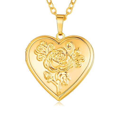 Custom4U 18K Gold Plated Copper Heart Locket Necklace That Holds Pictures Elegant Flower Charms with Chain Photo Frame Keepsake Pendant