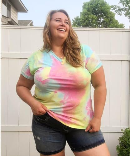 Image of TIYOMI Plus Size Tops for Women V Neck Tshirts Basic Tunic Casual Hawaii Floral Tie Dye Camo Summer Short Sleeve Tee XL-5XL