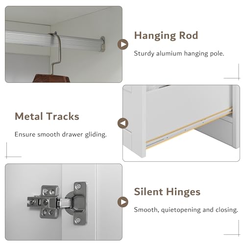 iPormis Armoire Wardrobe Closet with 2 Drawers, Modern Wooden Bedroom Armoire with Doors, Clothing Storage Cabinet with Aluminum Hanging Rod, Wardrobe Storage with Strong Door Closure, White - Image 6