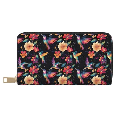 Colorful Flower Hummingbird C Print Wallet Women Men, Long PU Leather Wallets for Women, Cute Womens Travel Wallet Purse Pouch with Zipper Pocket