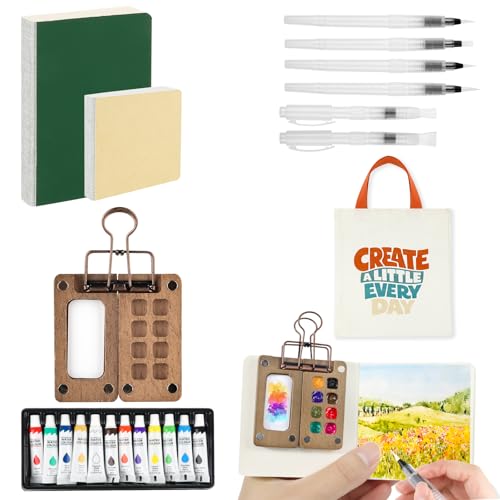 22PCS Mini Watercolor Travel Set - Travel Watercolor Set with Wooden Palette, Brushes, Sketchbook - Portable Travel Watercolor Kit Gift for Artists, Beginners - Mini Painting Kit for Outdoor Sketching