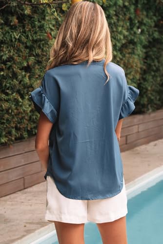 Womens Button Down Shirts Ruffle Ruched Short Sleeve Tops Summer Solid Casual Work Business Blouses3