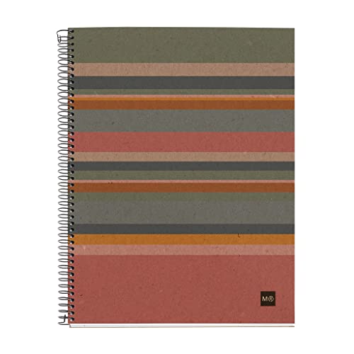 Miquelrius - 100 Prozent recyceltes Notizbuch, 4 farbige Streifen, A4, 120 linierte Blätter 7 mm, 80 g Papier, 4 Löcher, Einband aus recycelter Pappe, Öko-Streifendesign