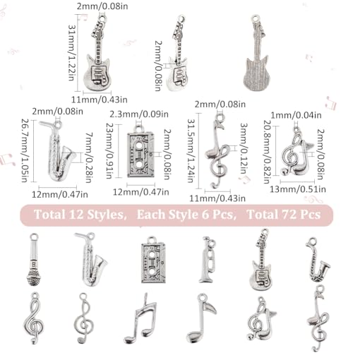 SUNNYCLUE 1 Box 72Pcs 12 Styles Silver Music Note Charms Musical Instrument Charm Tibetan Vintage Mini Microphone Recorder Symbol Charm for Jewellery Making Charms DIY Necklace Bracelet Earrings - Image 2