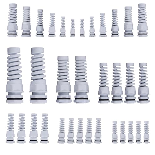 Swpeet 22Pcs 6 Sizes 3mm-18mm Waterproof Cable Gland Conduit Fittings with Gasket, Flex Spiral Strain Relief White Nylon Pigtail Cord Joint Cord Connector Adjustable Locknut for Cable Wire