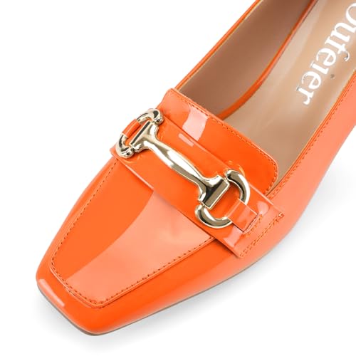 Image of Womens Mid Block Chunky Heeled Loafers Closed Square Toe Patent Leather Comfortable Slip On Pumps Metal Chain Basic Classic Casual Work Office Dress Shoes 2.8 Inches Heels