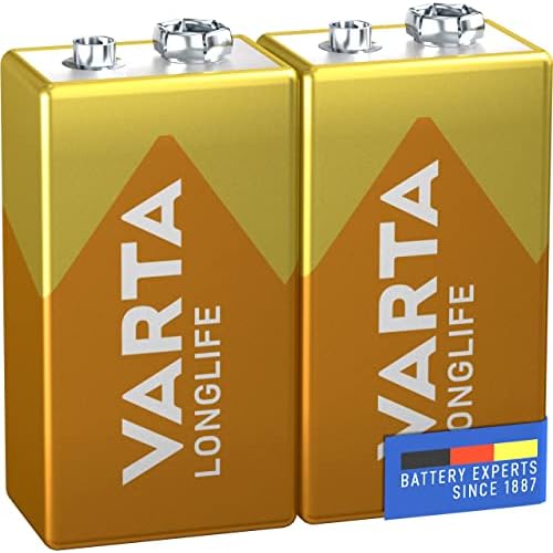Varta Pila de 9 V Longlife 6LR61 (paquete de 2 unidades), pilas alcalinas E-Block, adecuados para los detectores de incendios, detectores de humo, afinadores