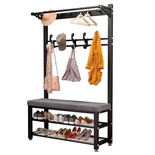 Perchero de Metal con Banco para Zapatos y Gancho, 4 en 1, Resistente, Independiente, para Ropa, Bolsos, Sombreros, Perchero para el hogar, Oficina, Entrada, Pasillo (Negro, 23,6 x 12,6 x 67