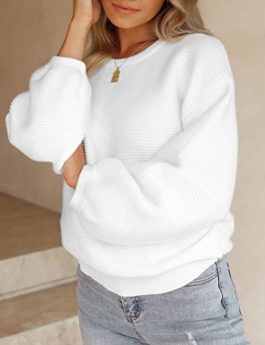 Zesica Women's 2023 Crew Neck Long Lantern Sleeve Casual Loose Ribbed Knit Solid Soft Pullover Sweater Tops,White,Large #TOP3
