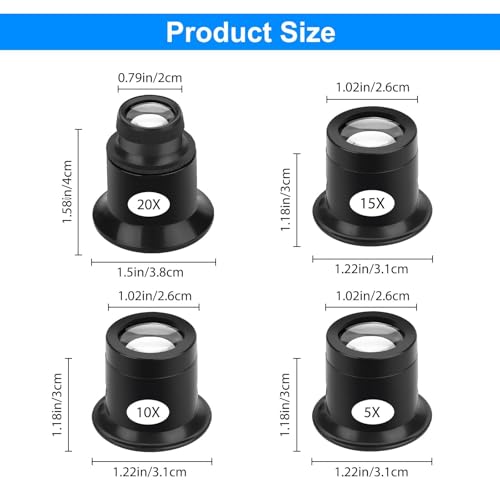 SUNJOYCO 4 PCS Watchmaker Loupe, 5X 10X 15X 20X Eye Loupe, Monocle Magnifier, Jewelers Loop Magnifier, Magnifying Loop, Jewelry Magnifying Glass Monocular for Watch Repair, Gems, Coins, Stamps by SUNJOYCO - Image 5