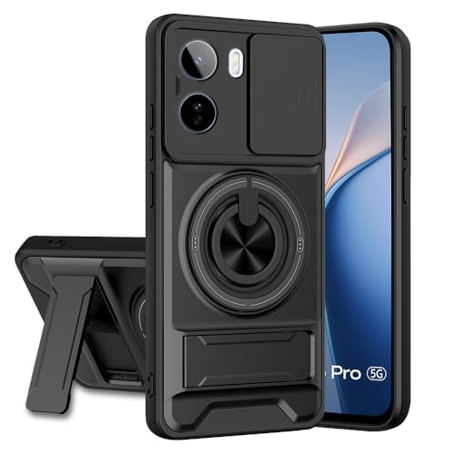 Image of Vivo T5 Pro 5G Back Cover | Armor Camera Slider 360 Degree Rotating Finger Ring Holder Case with Bracket Stand Back Case Cover (Compatible with MagSafe Accessories) (Black)