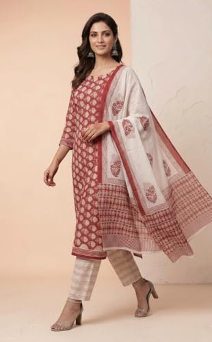 Image of Eddika women unstitched hand block printed cotton suit set with mulmul dupatta ehbpcswmd0120P