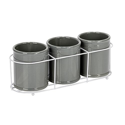 Creative Co-Op Farmhouse Ceramic Metal Holder, Grey and White Crocks