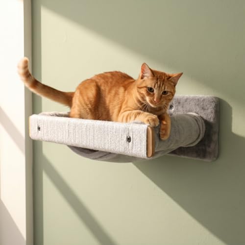 Image of Wall-Mounted Cat Perch with Scratching Post, Plush Cushion, Beige and Grey, Space-Saving Hammock Bed, (24X6 INCH) FURR- 151 (Grey)