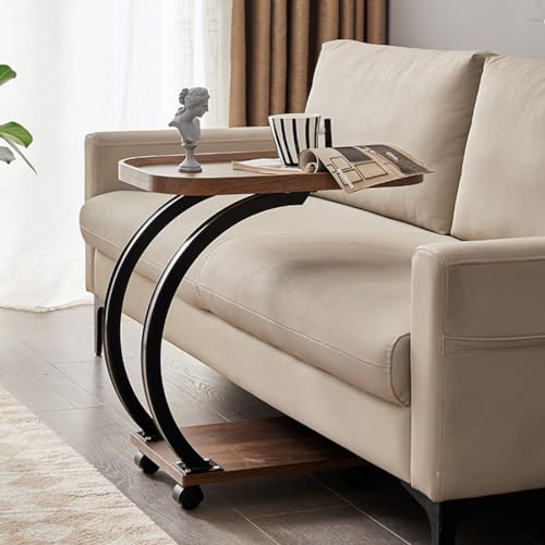 C Shaped Side Table with Wheels, Modern C Table End Table for Sofa and Bed, Small Couch Tables That Slide Under, Wooden C Shaped End Table for Couch, Coffee C Table for Small Space(Walnut)(With Scratch; See The Pictures)